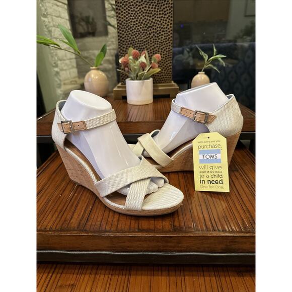 TOMS Sandals New Womens 10 Ankle Strap Natural Cork Sienna Wedge Beige Canvas - Picture 1 of 11